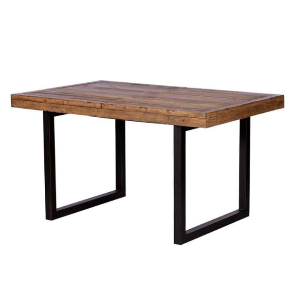 Wooden table with black metal legs on a white background