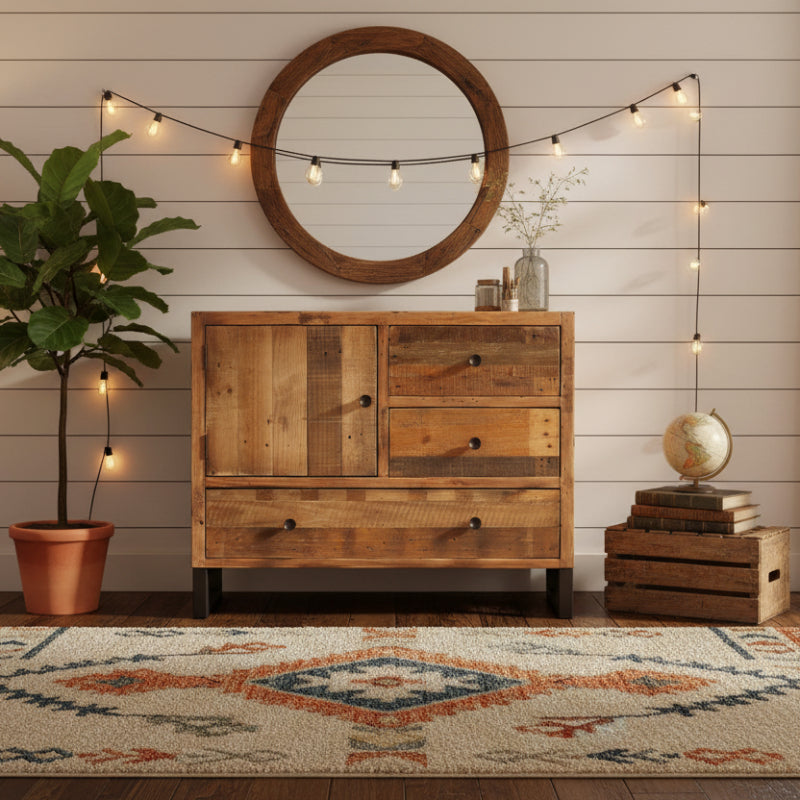 Wooden dresser with multiple drawers on a white background