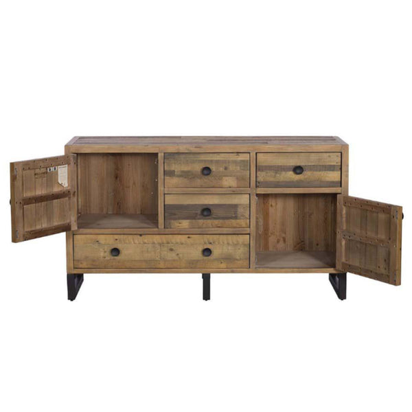 Wooden sideboard with open doors on a white background