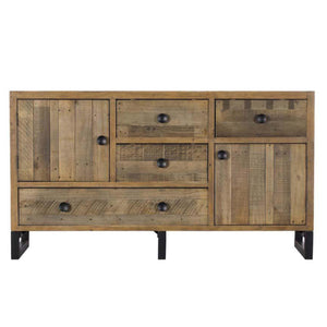 Wooden sideboard with multiple drawers and doors on a white background