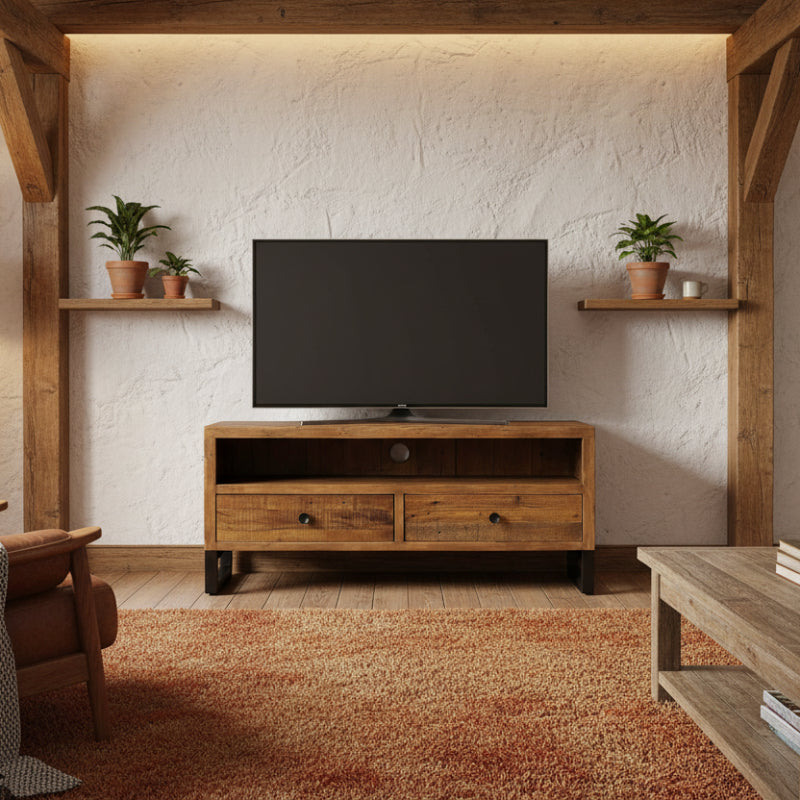 Wooden TV stand with two drawers on a white background