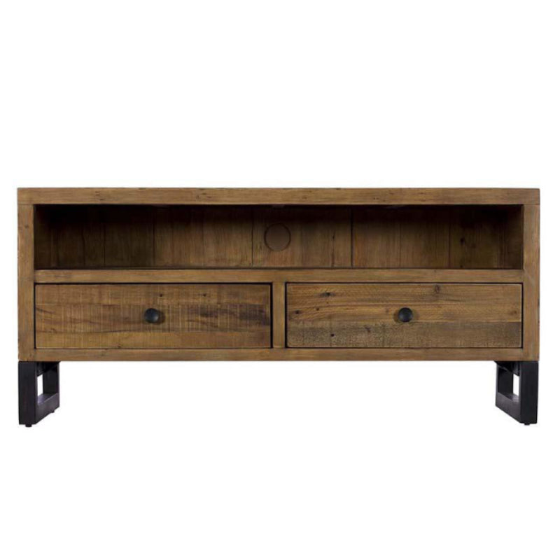 Wooden TV stand with two drawers on a white background