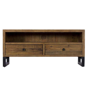 Wooden TV stand with two drawers on a white background