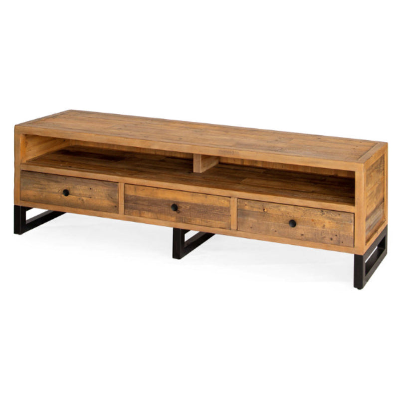 Wooden TV stand with black metal legs on a white background