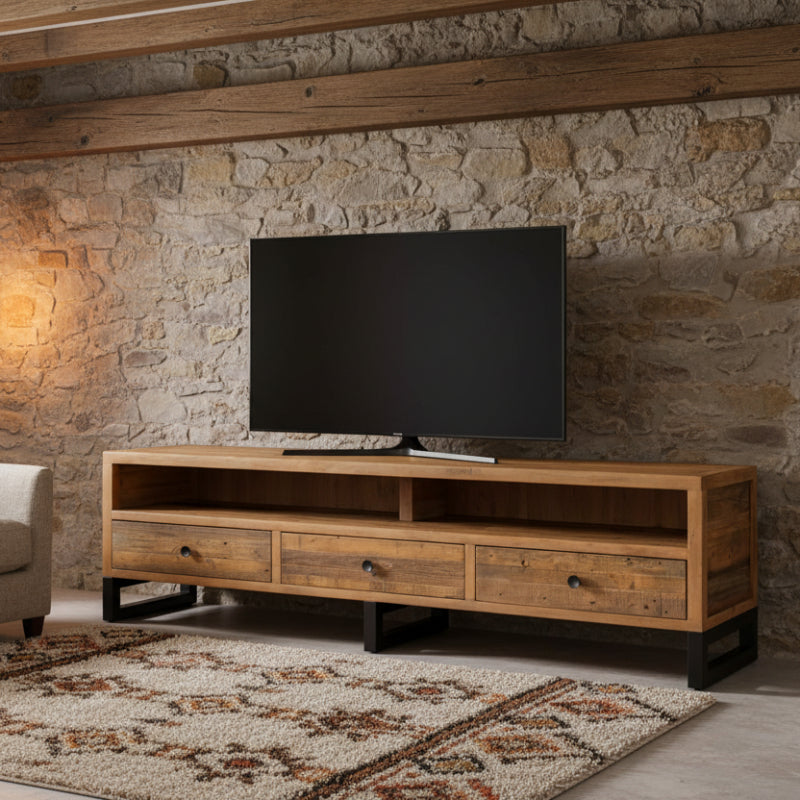 Wooden TV stand with black metal legs on a white background