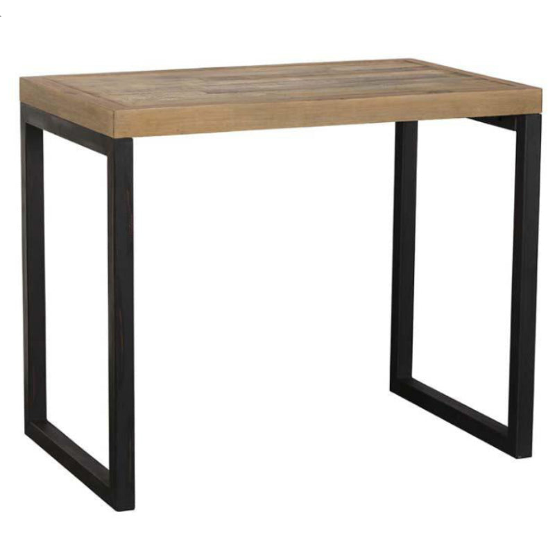 Table with wooden top and black metal legs on a white background