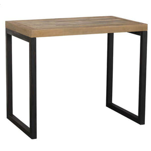 Table with wooden top and black metal legs on a white background
