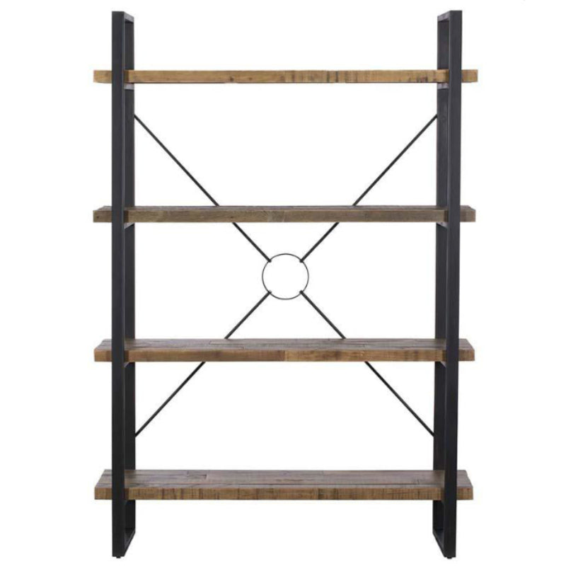 Bookshelf with wooden shelves and black metal frame on a white background
