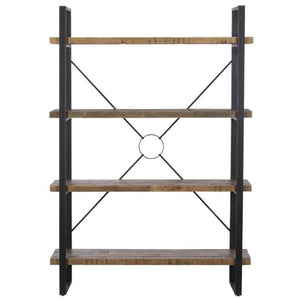 Bookshelf with wooden shelves and black metal frame on a white background