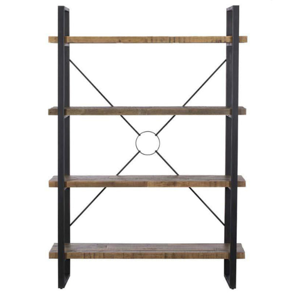 Bookshelf with wooden shelves and black metal frame on a white background