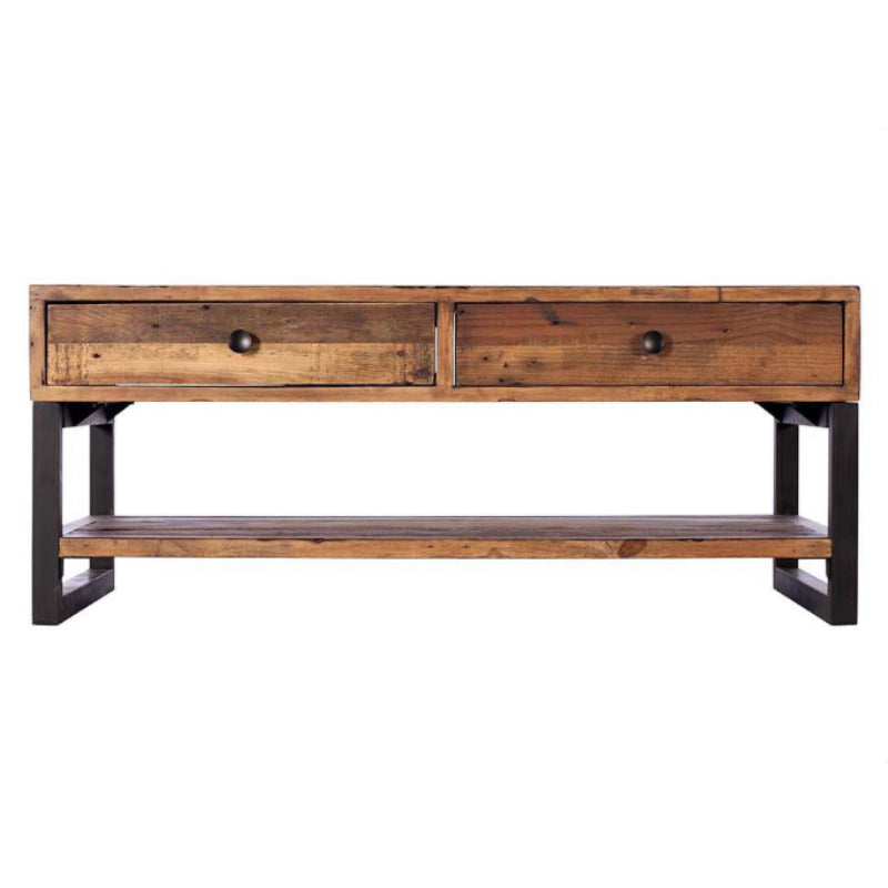 Wooden coffee table with two drawers on a white background