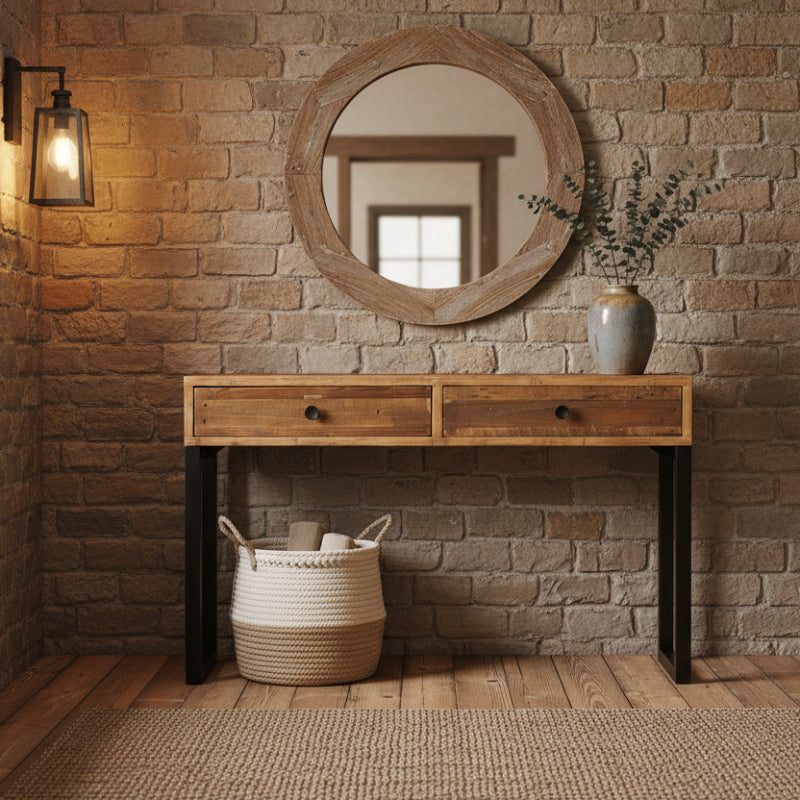 Wooden console table with two drawers on a white background
