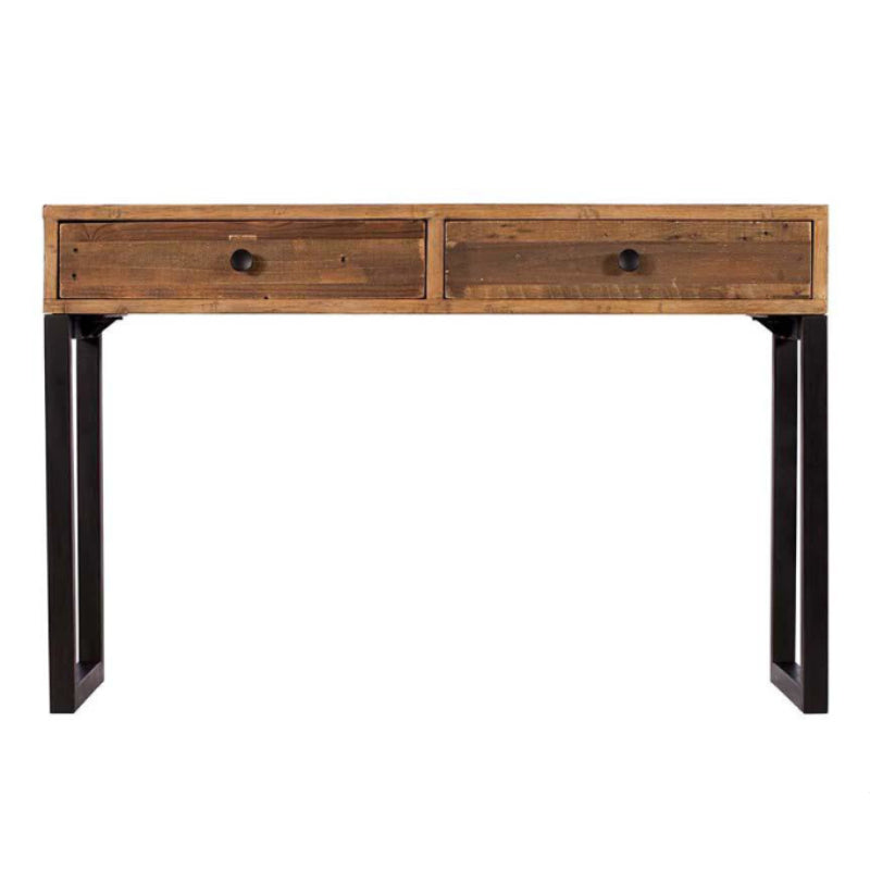 Wooden console table with two drawers on a white background