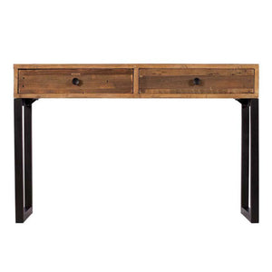 Wooden console table with two drawers on a white background