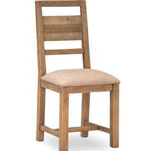Wooden chair with a beige cushioned seat on a white background