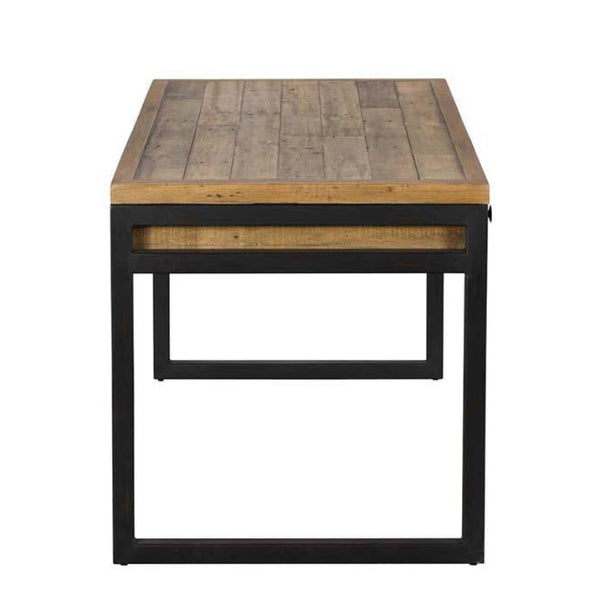 Wooden table with black metal frame on a white background