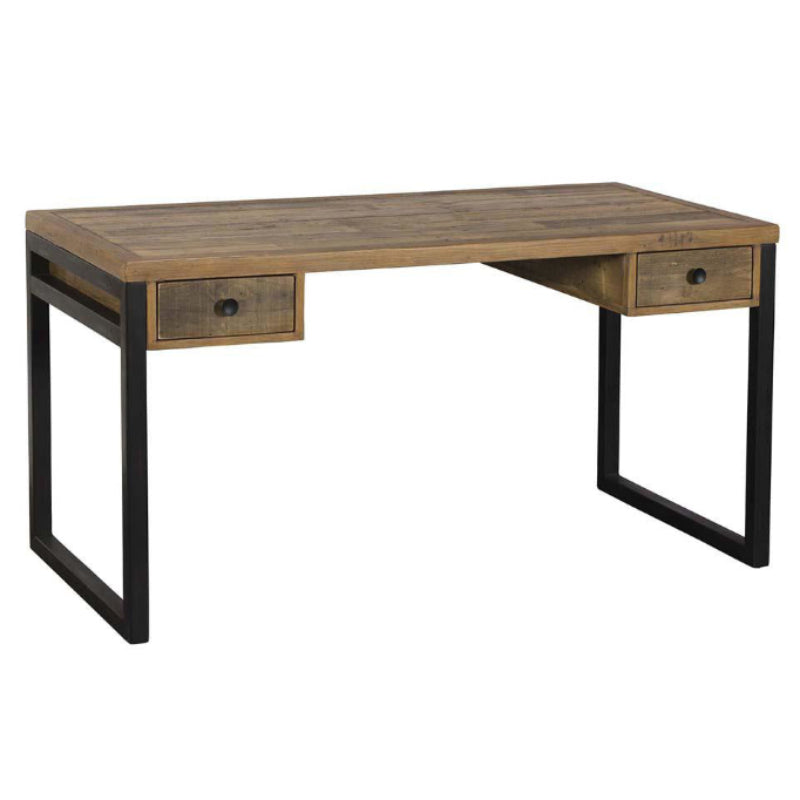 Wooden desk with black metal legs on a white background