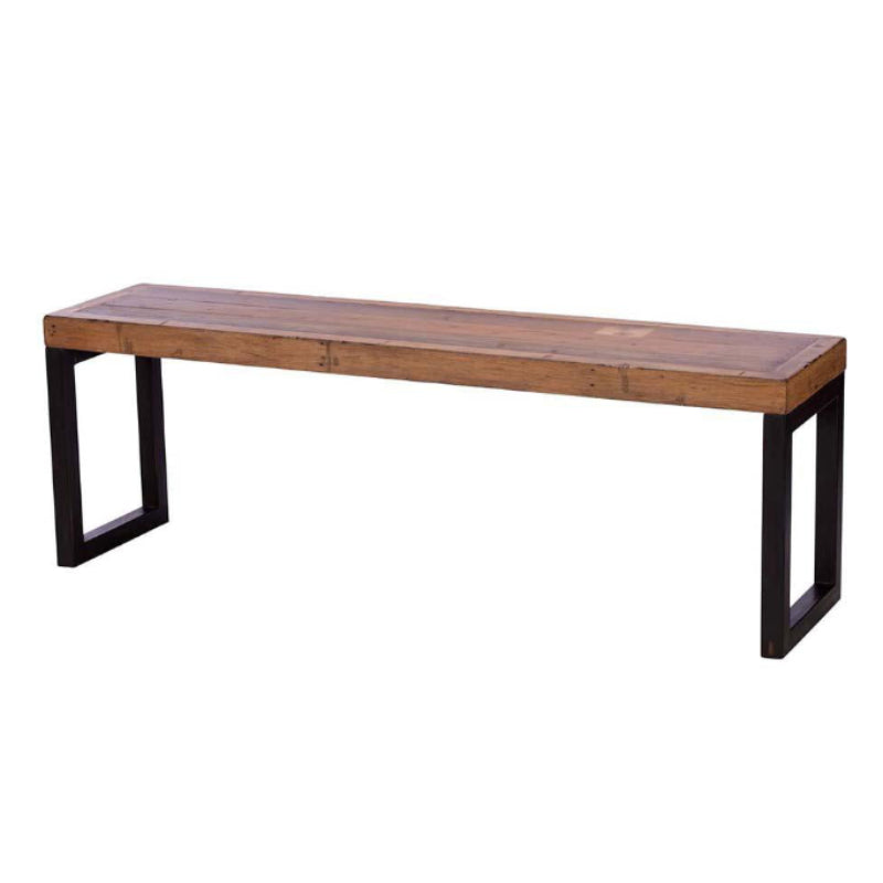 Wooden bench with black metal legs on a white background