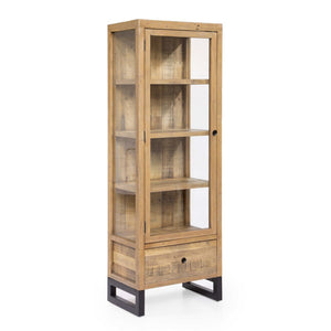 Wooden display cabinet with glass panels on a white background