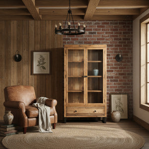 Cozy room with wooden furniture, leather armchair, and brick wall.