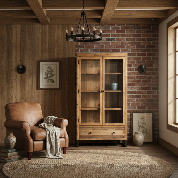 Cozy room with wooden furniture, leather armchair, and brick wall.
