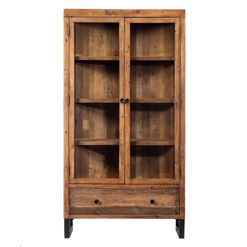 Wooden bookshelf with glass doors on a white background