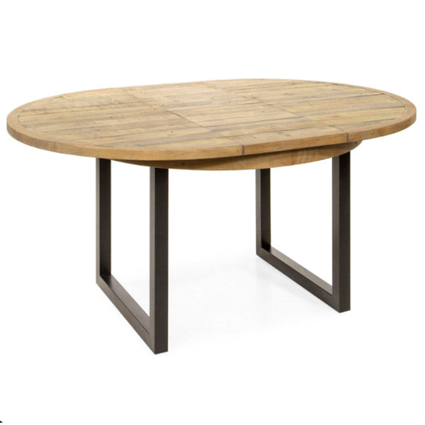 Round wooden table with metal legs on a white background