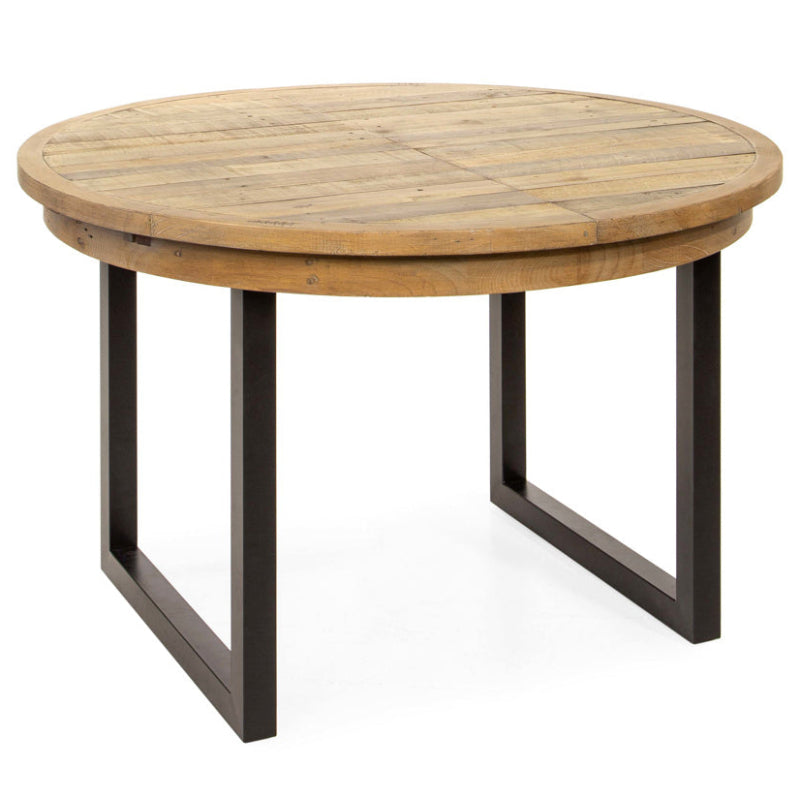 Round wooden table with metal legs on a white background