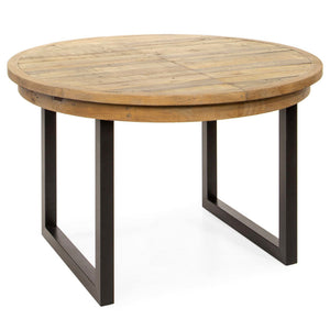 Round wooden table with metal legs on a white background
