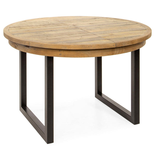 Round wooden table with metal legs on a white background