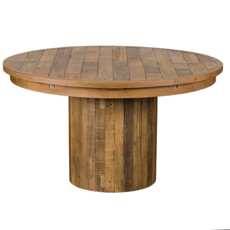 Round wooden table with a rustic design on a white background