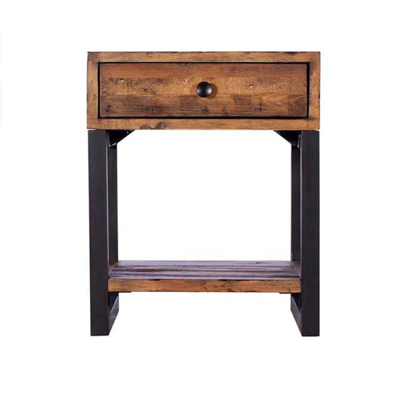 Wooden side table with a single drawer on a white background
