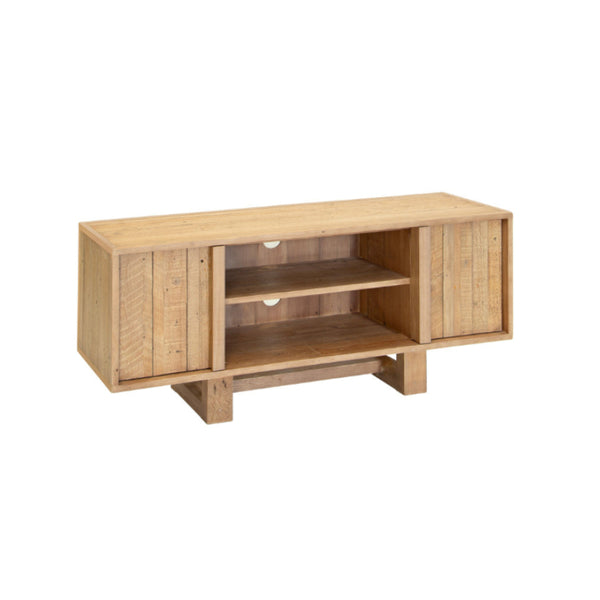 Wooden TV stand with shelves on a white background