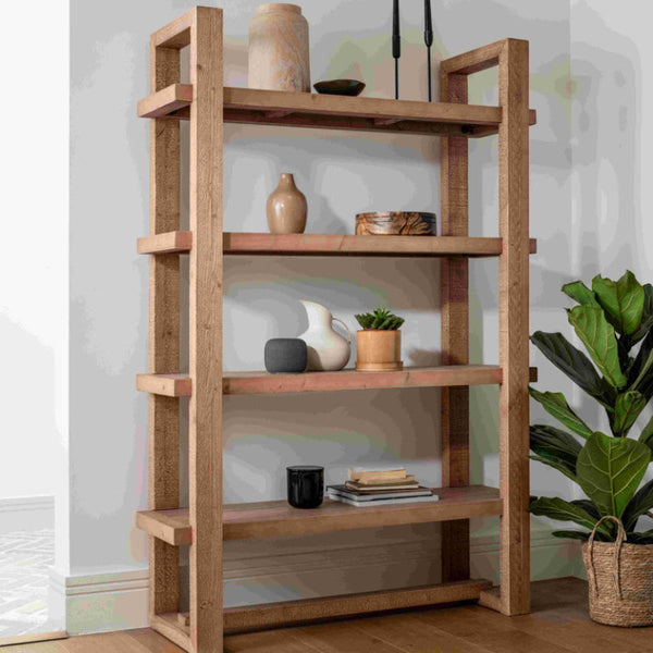 Wooden bookshelf with decorative items in a room with a plant and light-colored walls.