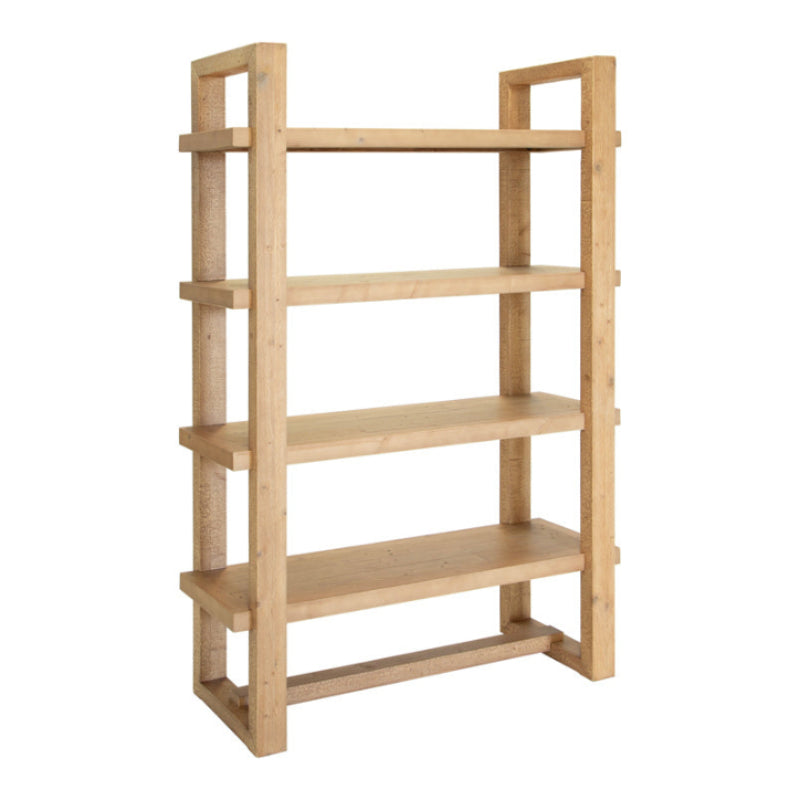 Wooden bookshelf with four shelves on a white background