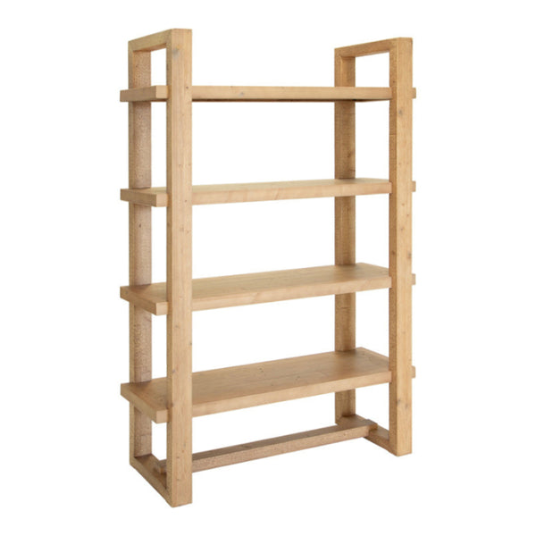 Wooden bookshelf with four shelves on a white background