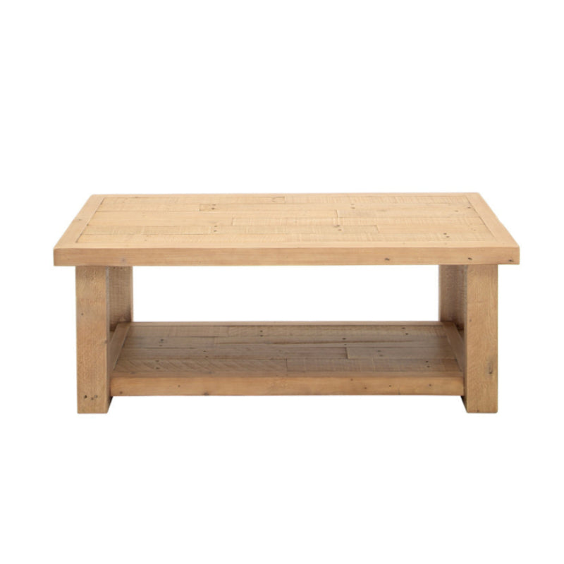 Wooden coffee table with a shelf on a white background