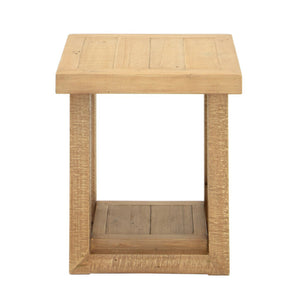 Wooden side table with wicker frame on a white background