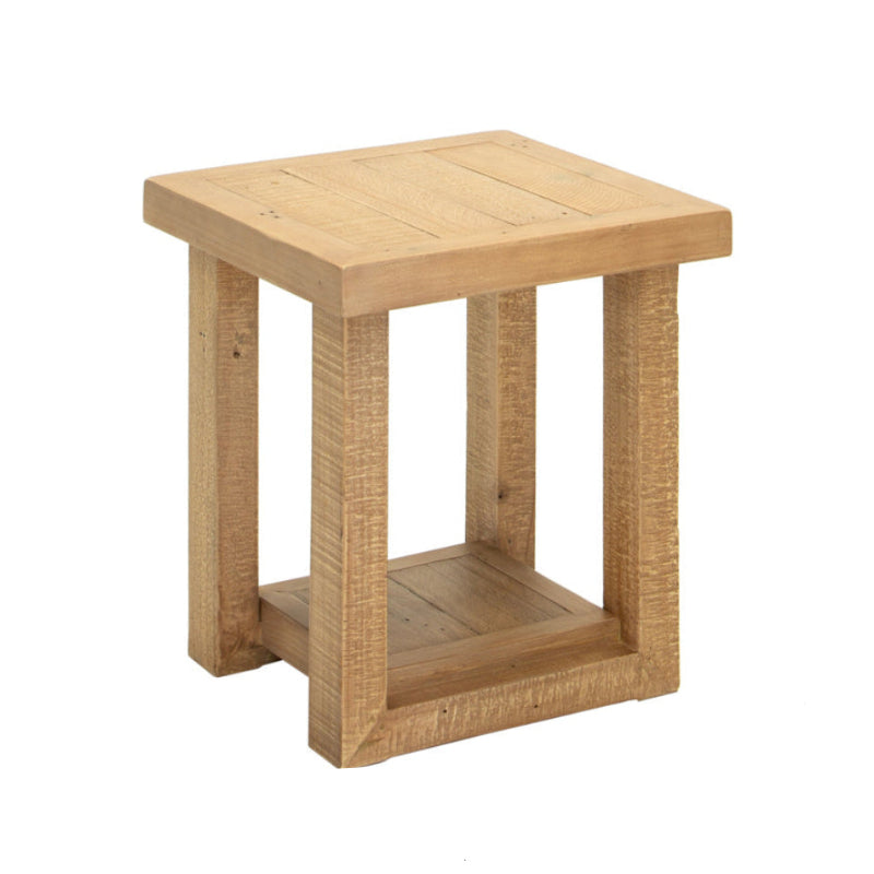 Wooden side table with a natural finish on a white background