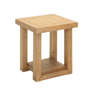Wooden side table with a natural finish on a white background