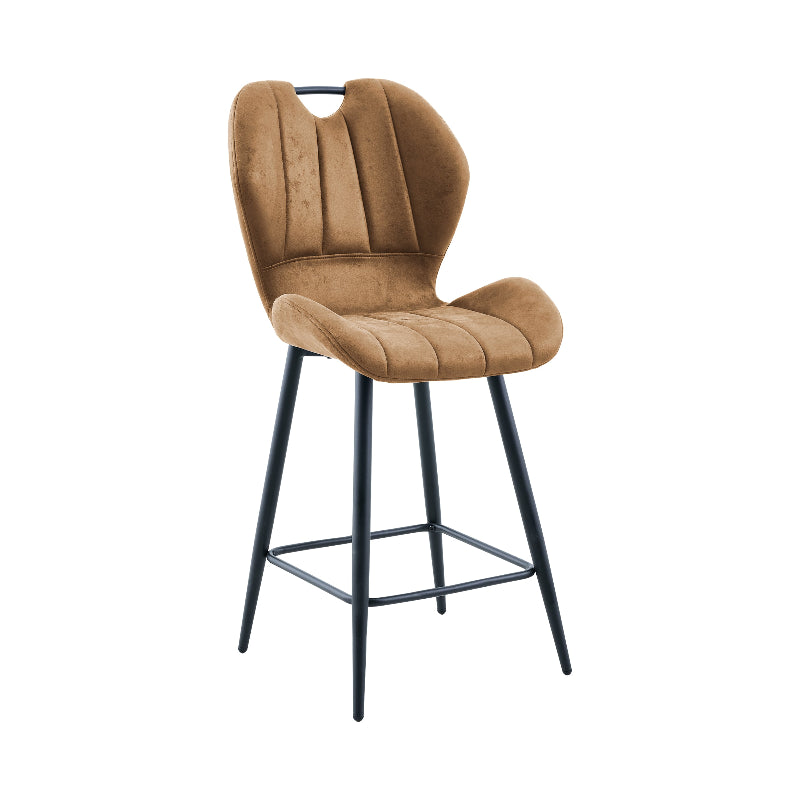 Brown cushioned bar stool with black metal legs on a white background