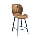 Brown cushioned bar stool with black metal legs on a white background