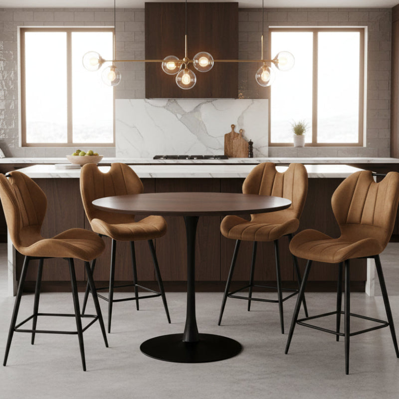 Brown cushioned bar stool with black metal legs on a white background
