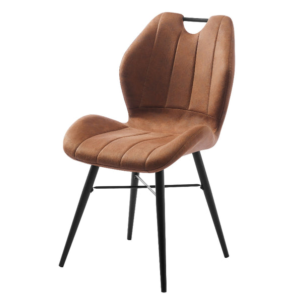 Brown upholstered chair with black legs on a white background