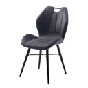 Gray upholstered chair with black metal legs on a white background