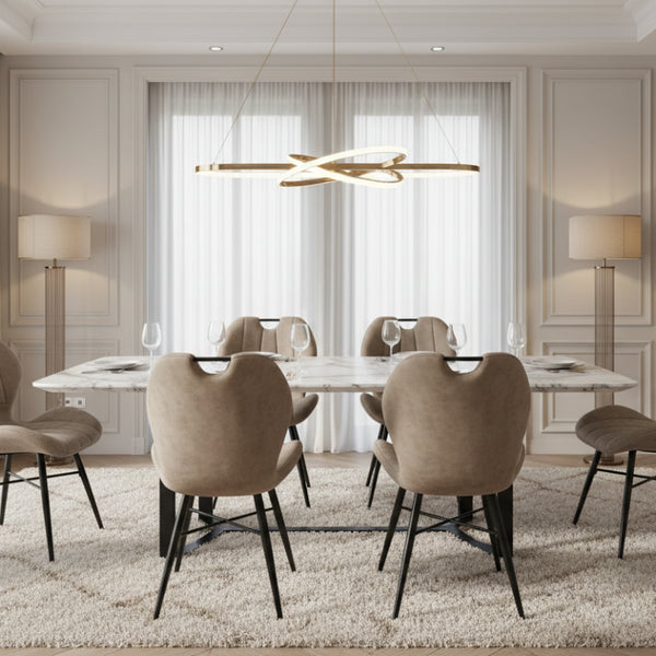 Beige upholstered chair with black metal legs on a white background