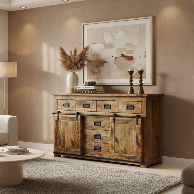 Wooden sideboard with multiple drawers and metal handles on a white background
