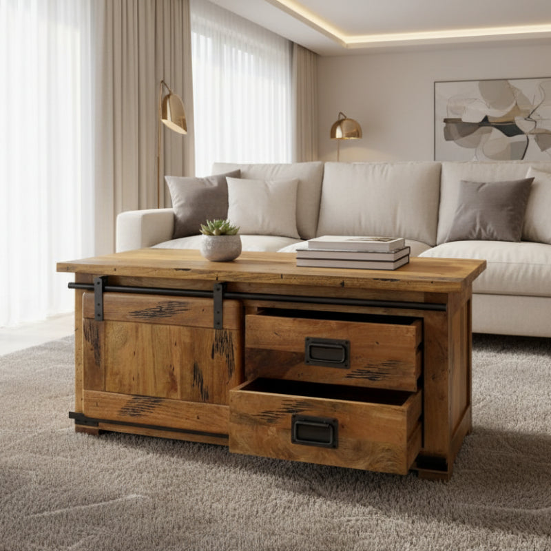 Rustic wooden TV stand with a sliding door on a white background