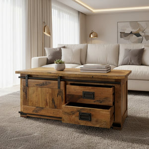 Wooden coffee table  with two drawers in a living room
