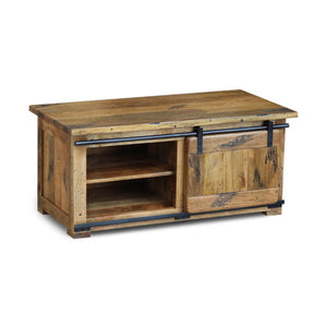 Rustic wooden TV stand with a sliding door on a white background